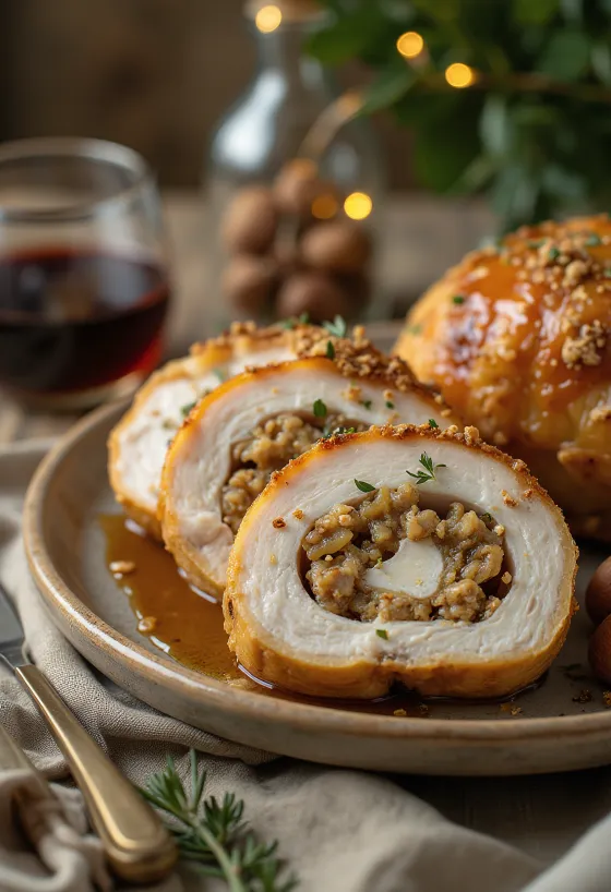 Juicy chestnut stuffed turkey breast slices served with vegetables.