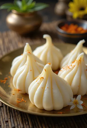 White milk fudge Modaks shaped like garlic cloves