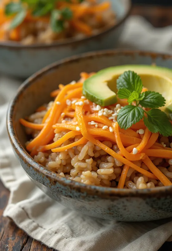 Orange Buddha bowl with fresh vegetables and brown rice
