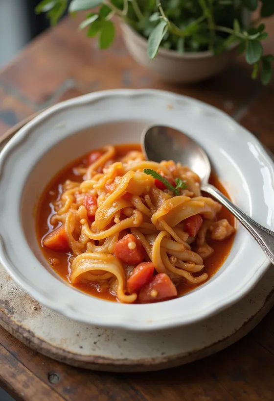 Tomato cabbage stew served with fresh dill and meatballs.