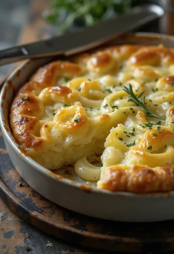 Savory leek and farmer's cheese pie garnished with fresh parsley