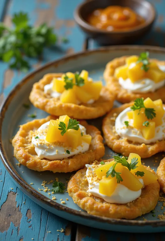 Platter of Sev Puri topped with mango, yogurt, and crispy noodles