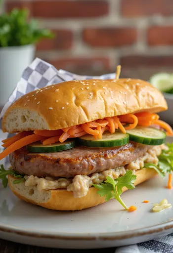 Bánh Mì Thịt Nguội cold cut sandwich served with fresh vegetables and cilantro.