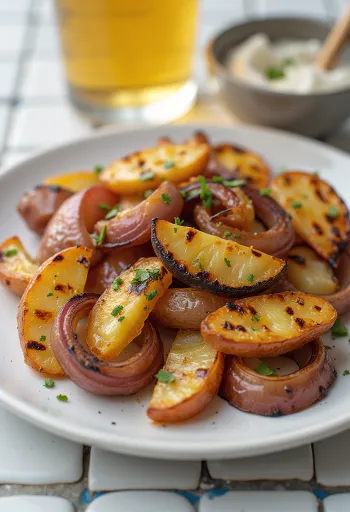 BBQ grilled potato wedges with red onion on a tray