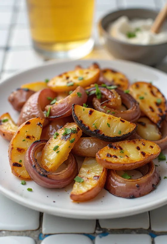 BBQ grilled potato wedges with red onion on a tray