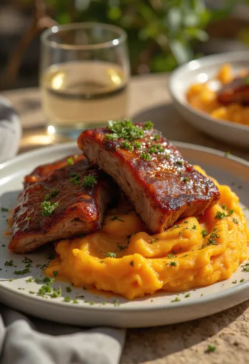 BBQ ribs served with sweet potato mash