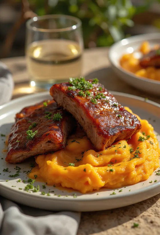 BBQ ribs served with sweet potato mash