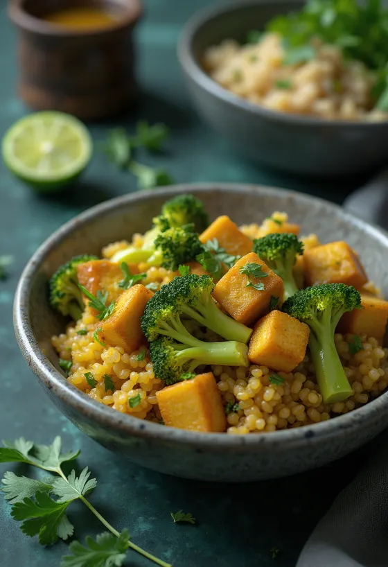 Curry quinoa bowl topped with crispy lime tofu