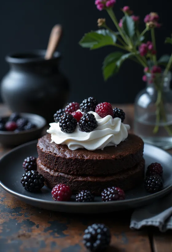 Chocolate blackberry cake with fresh fruit