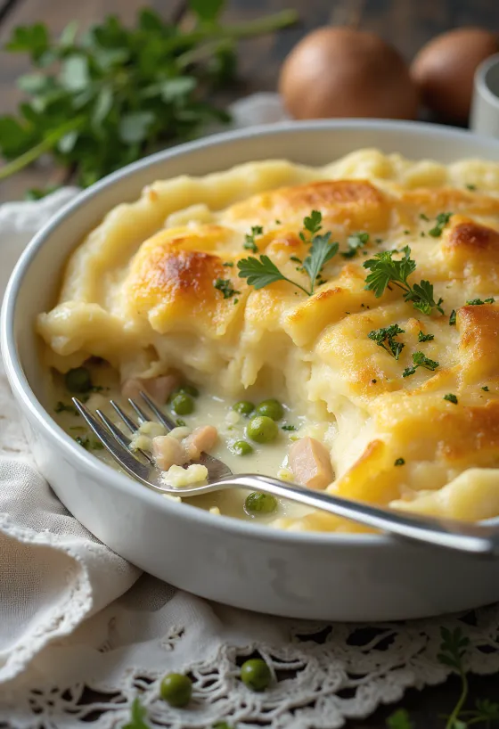 Garlic Fish Pie, golden brown mashed potato topping
