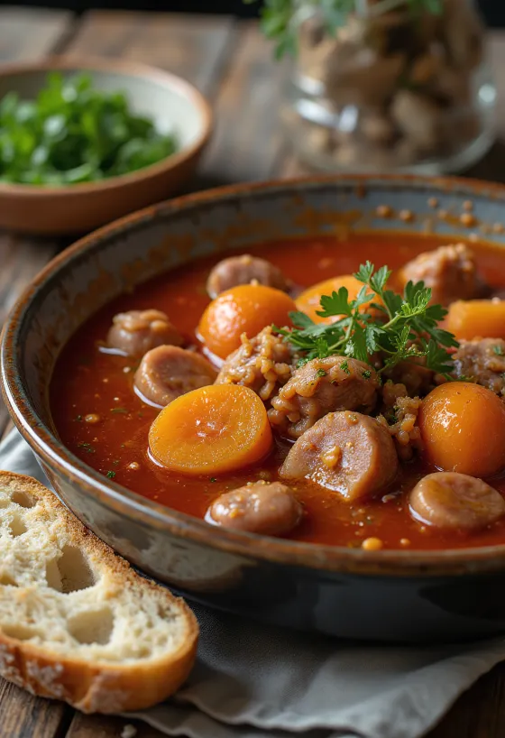 Goulash soup with smoked sausage, potatoes and fresh parsley