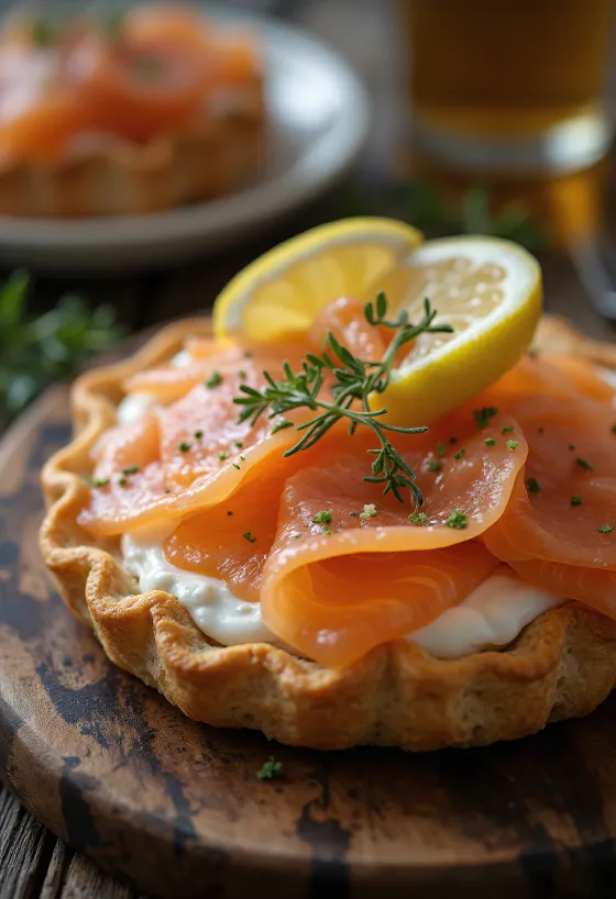 Karelian pies topped with smoked salmon, cream cheese, and fresh dill