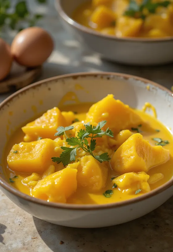 Eggplant curry with sweet potato served
