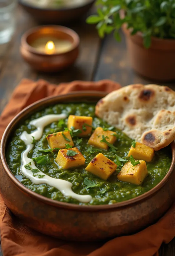 Palak Paneer with Garam Masala, green spinach curry with white cheese cubes