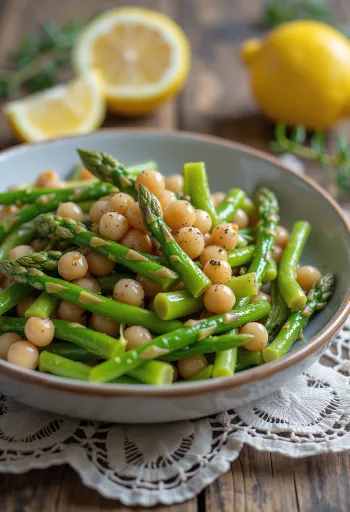 Fresh asparagus and chickpea salad in a light bowl, featuring green and yellow tones