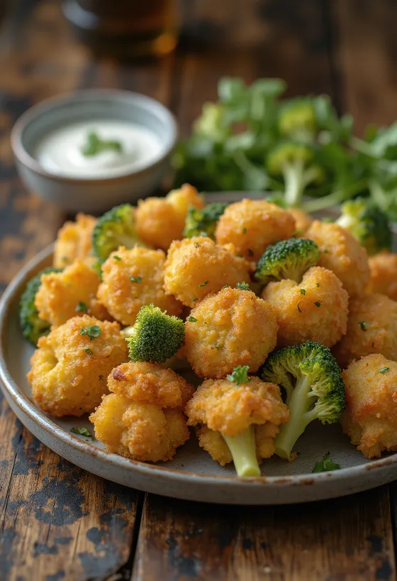 Crispy fried broccoli baked golden brown, served on a plate with fresh lemon slices.
