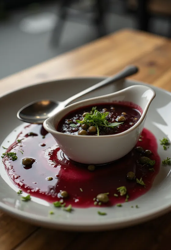 Velvety Red Wine & Caper Sauce poured over steak