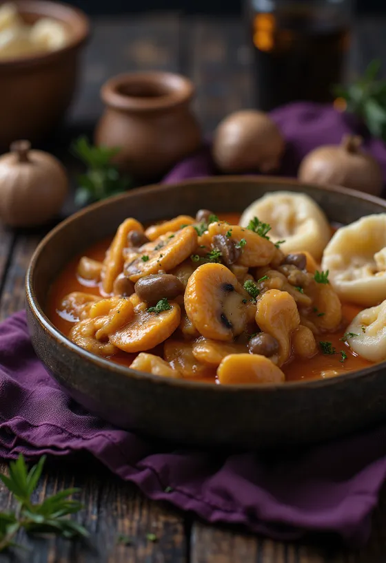 Mushroom paprikash with sour cream, served with dumplings