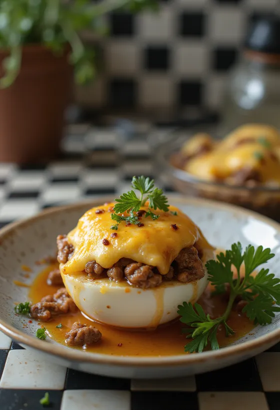 Stuffed eggplant topped with crispy cheese and fresh herbs