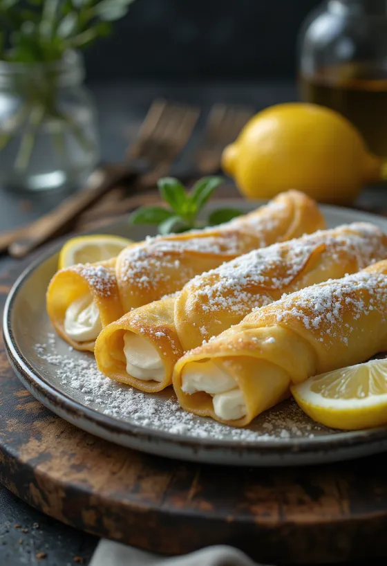 Sweet cheese crepes dusted with powdered sugar