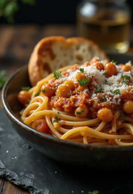 Vegan chickpea bolognese pasta served with fresh basil