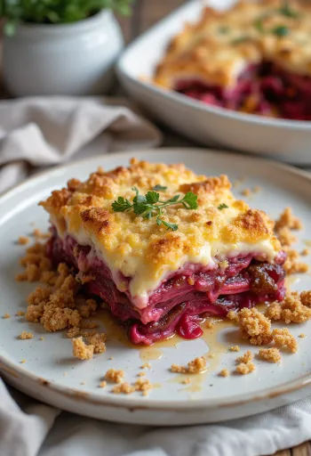 Vegan moussaka with eggplant and beets
