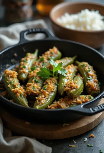 Bharwa bhindi, stuffed okra, served with spicy filling and cilantro