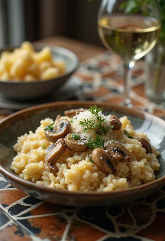 Creamy mushroom risotto topped with fresh herbs and parmesan cheese