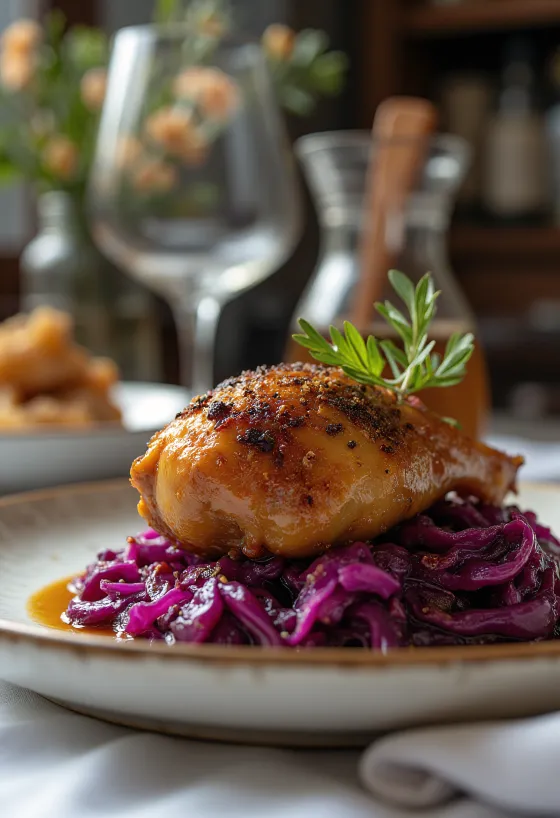 Roasted duck legs served with purple cabbage
