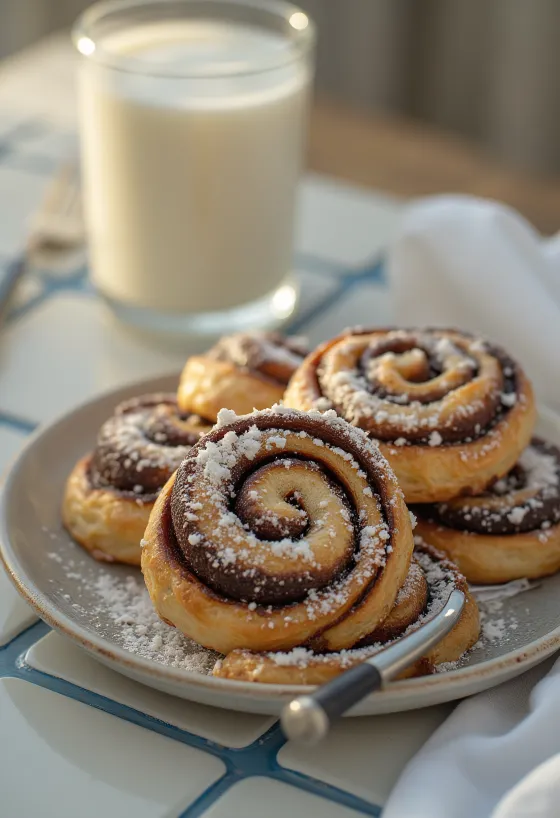 Golden brown chocolate swirl buns dusted with powdered sugar