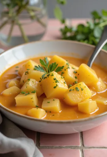 Classic potato stew with sour cream thickening and fresh parsley garnish.