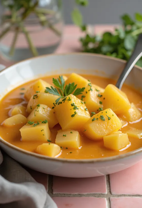Classic potato stew with sour cream thickening and fresh parsley garnish.