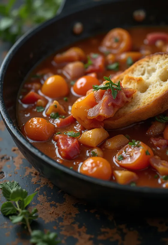 Lecsó served with fresh peppers, tomatoes, and smoked sausage
