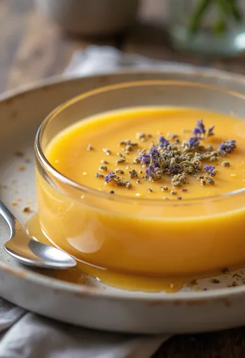 Lavender cantaloupe soup served in a glass bowl