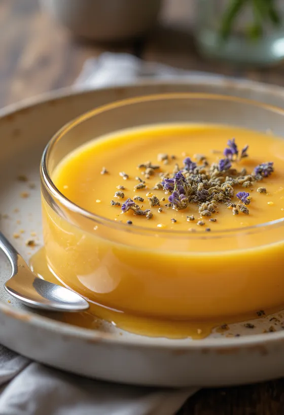 Lavender cantaloupe soup served in a glass bowl