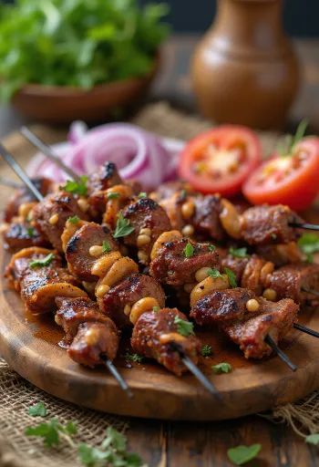 Suya skewers served with onions