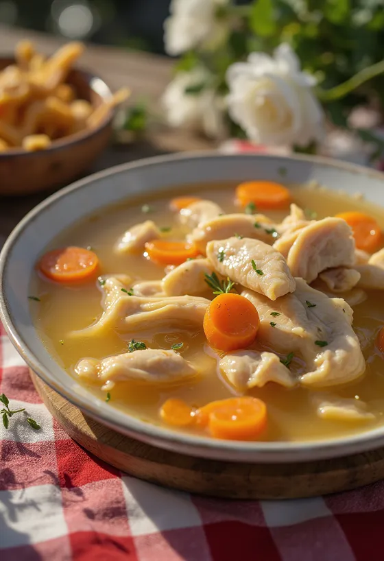 Hot chicken soup with vegetables and vermicelli noodles
