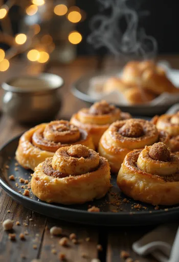 Cinnamon rolls dusted with powdered sugar, baked golden brown
