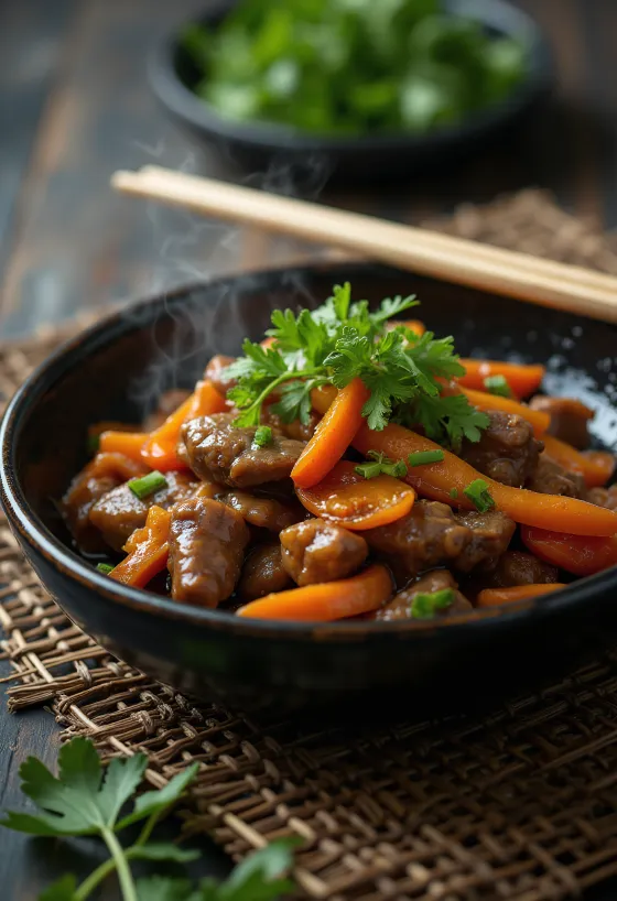 Ginger beef stir fry served with vegetables