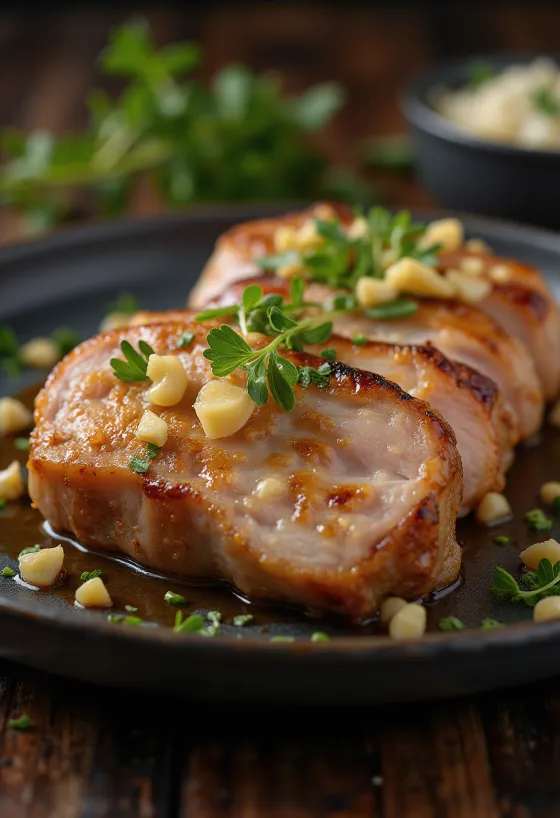Pan-seared pork chops with garlic and rosemary