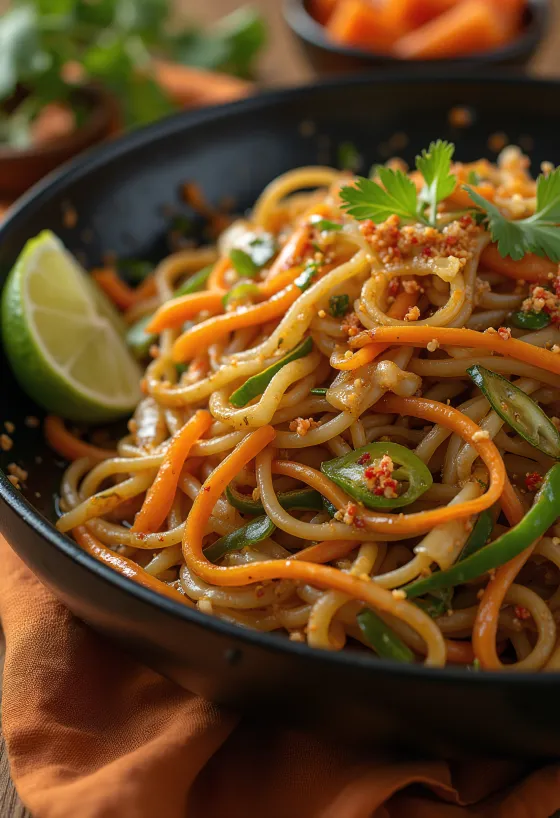 Plate of Mee Goreng fried noodles with cabbage, carrots, and chili