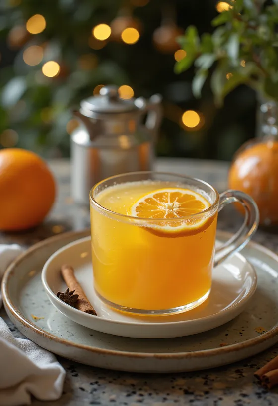 Warm orange-elderflower punch garnished with orange slices