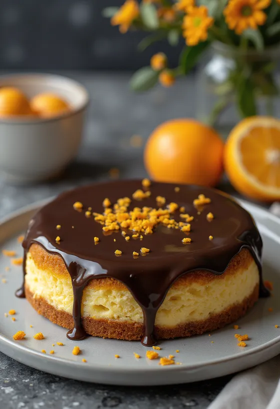 Orange cake decorated with chocolate glaze