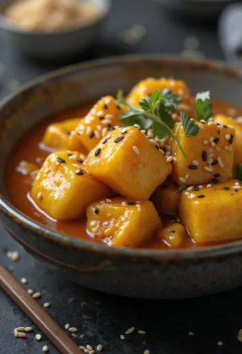 Soy-glazed eggplant stew with sesame served