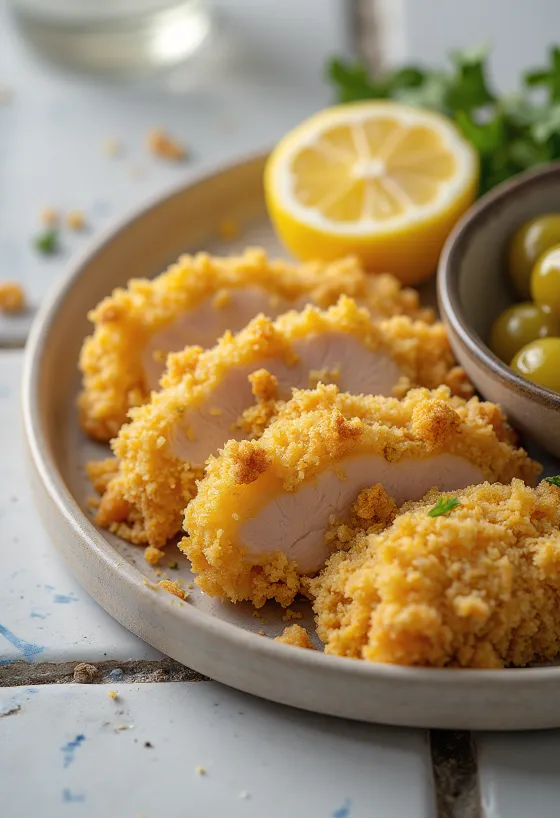 Golden brown breaded pork cutlet with crispy coating and lemon slices