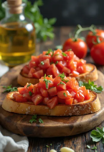 Vegan tomato bruschetta served on a wooden board