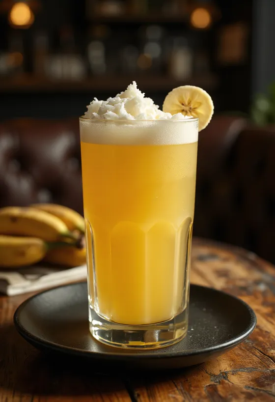 Lemon-banana cider drink garnished with a lemon slice