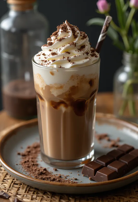 Iced chocolate frappe with whipped cream