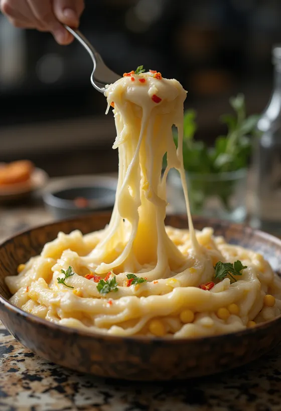 Elarji with hot pepper, stretchy Georgian cheesy cornmeal