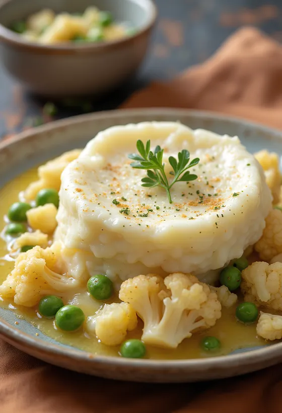 Fish pie with cauliflower mash, golden brown creamy topping and fish filling